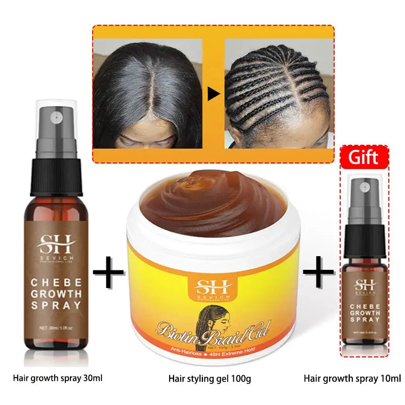Chebe New Set African Traction Alopecia Treatment Crazy Hair Growth Oil Spray Edge Control Hair Styling Braiding Gel Wax Sevich B Suit