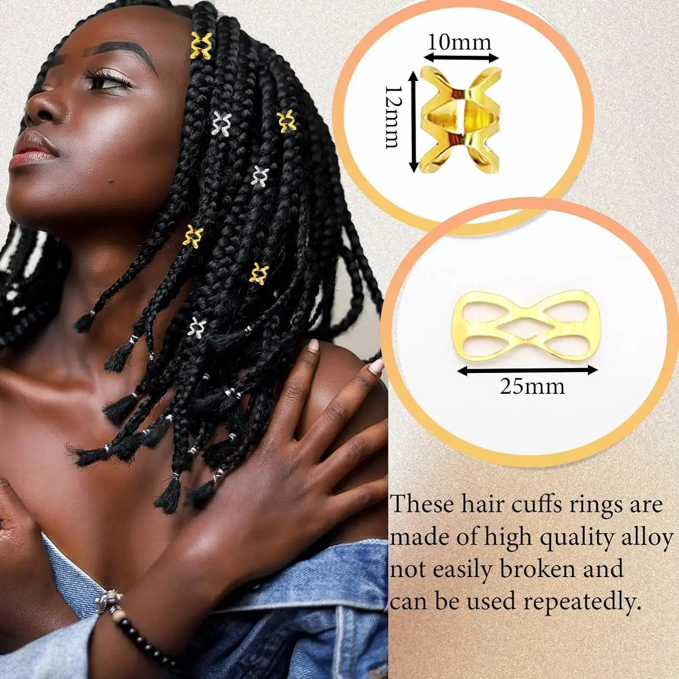8*9mm Golden/Silver Hair Cuffs Loc Rings for Braids, Hair Clips Multi Style Metal Dreadlock Hair Beads Accessories Decoration