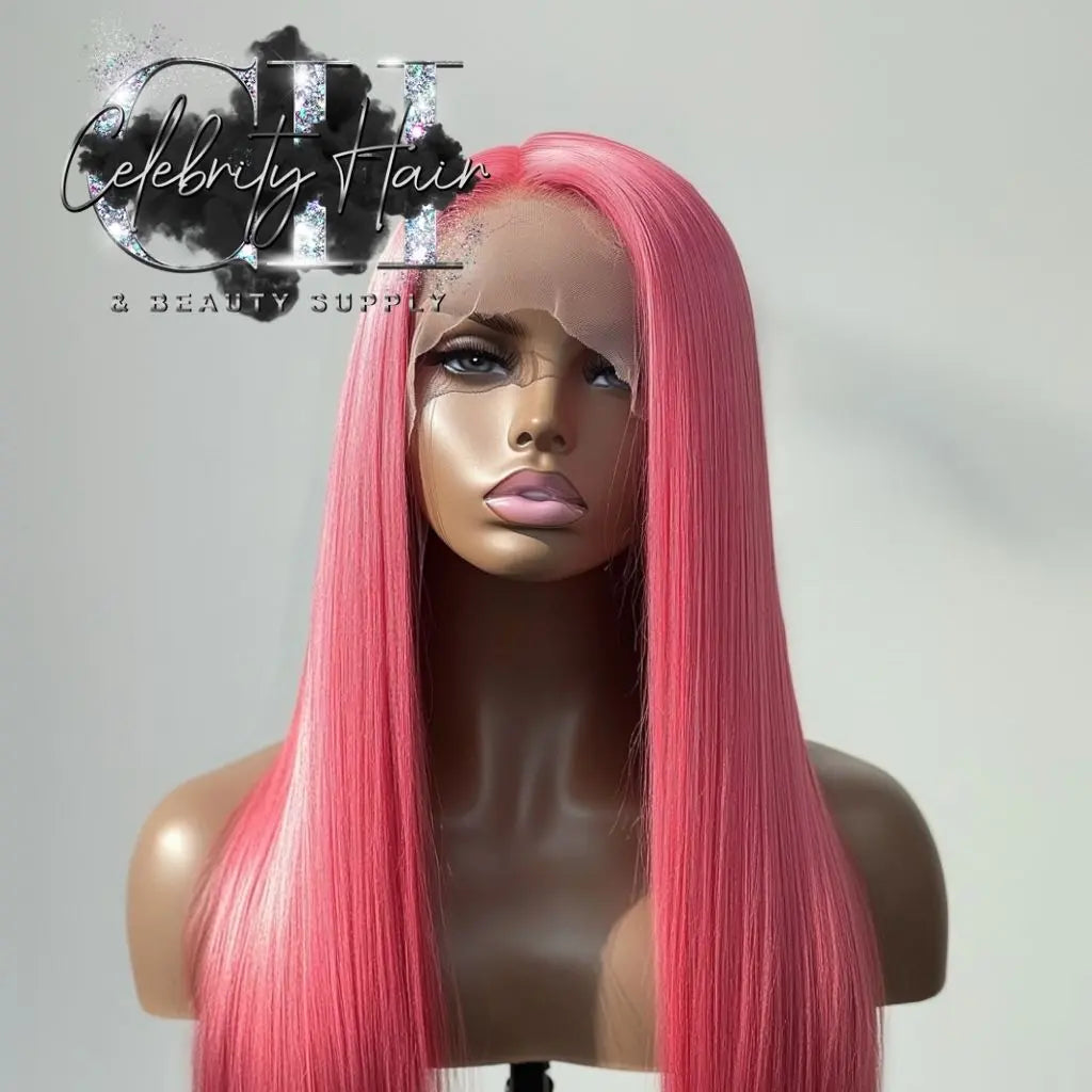 Niki Delight - 180% Density Baby Pink/Hot Straight Colored 100% Human Hair Wig, 13X4 Transparent Lace Frontal Wig "20-40" Hot Pink Fusia