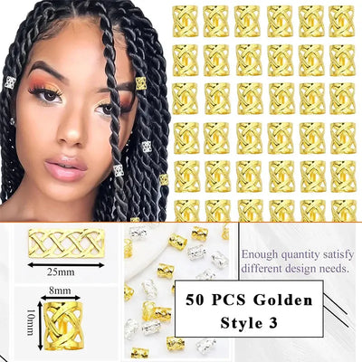 8*9mm Golden/Silver Hair Cuffs Loc Rings for Braids, Hair Clips Multi Style Metal Dreadlock Hair Beads Accessories Decoration 50PCS G Style3