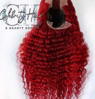 Red Deep Wave Human Hair Wig 28 Inch 13x4 Transparent Lace Front.