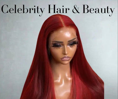 Red Pre Plucked Straight Brazilian Frontal Closure Wigs.
