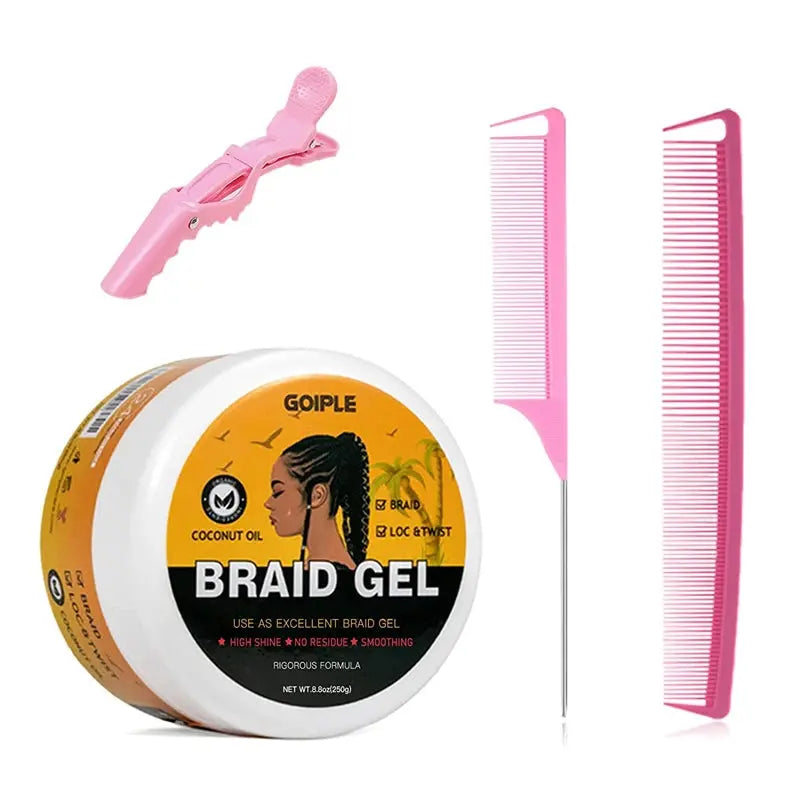 GOIPLE Long Lasting Hold Braid Gel for Black Women Shine n Jam Loc and Twist Wax Tames Frizz Edges Hair Cornrow Styling Product 250g gel-tools 4pcs