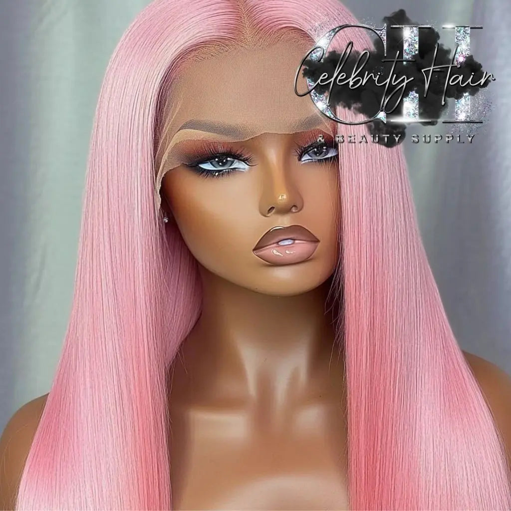 Niki Delight - 180% Density Baby Pink/Hot Straight Colored 100% Human Hair Wig, 13X4 Transparent Lace Frontal Wig "20-40" Pink