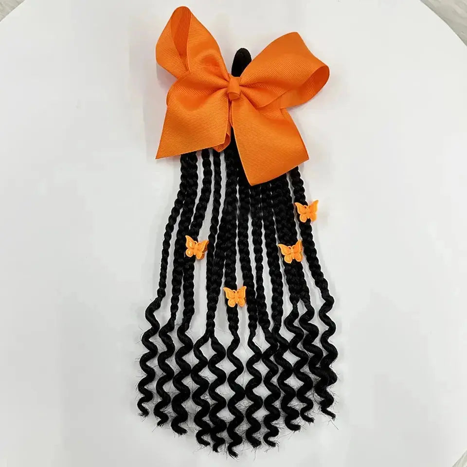 Kids Braided Ponytail with Beads and Bow Kids Hair Extension Ponytail with Curly End for Girls Black Girl Hair Accessories orange One Size