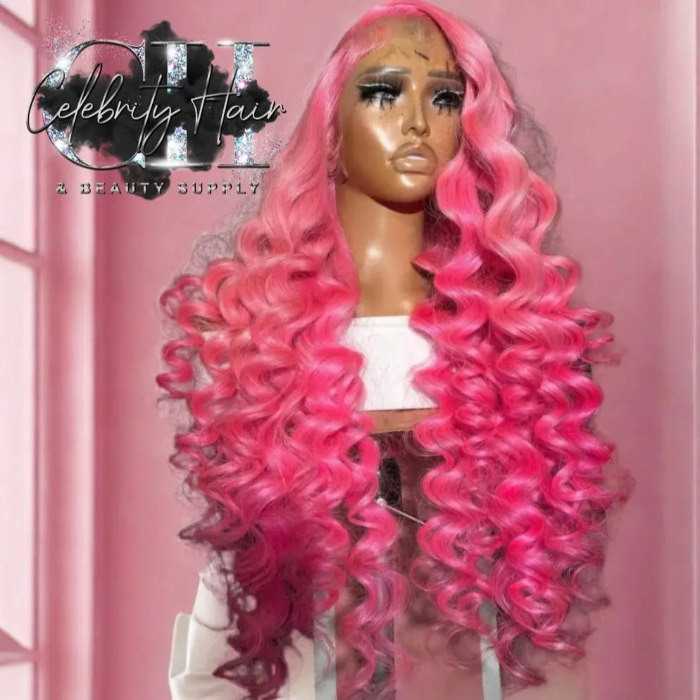 Custom Dyed Baby Pink Loose Wave 28in HD Lace Wigs Pink
