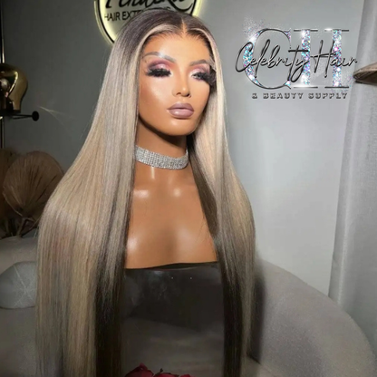 Ash Blonde Wig Lace Front With Dark Roots 30 Inch.