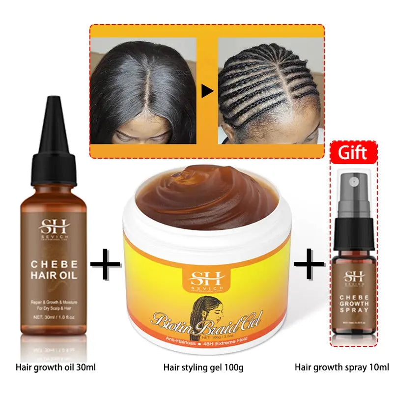 Chebe New Set African Traction Alopecia Treatment Crazy Hair Growth Oil Spray Edge Control Hair Styling Braiding Gel Wax Sevich A Suit