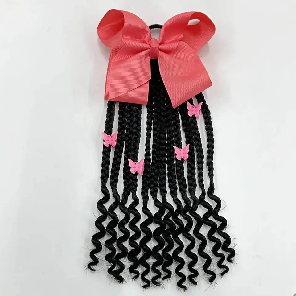 Kids Braided Ponytail with Beads and Bow Kids Hair Extension Ponytail with Curly End for Girls Black Girl Hair Accessories Light Pink One Size