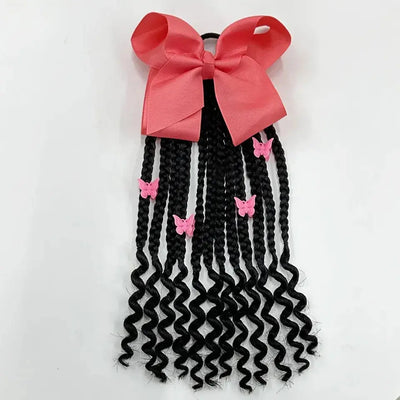 Kids Braided Ponytail with Beads and Bow Kids Hair Extension Ponytail with Curly End for Girls Black Girl Hair Accessories Light Pink One Size
