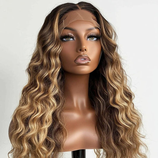 Blonde Indian lace wig with deep loose waves, 24 inches, HD lace, pre-plucked, 180% density, from Celebrity Hair & Beauty extensions.