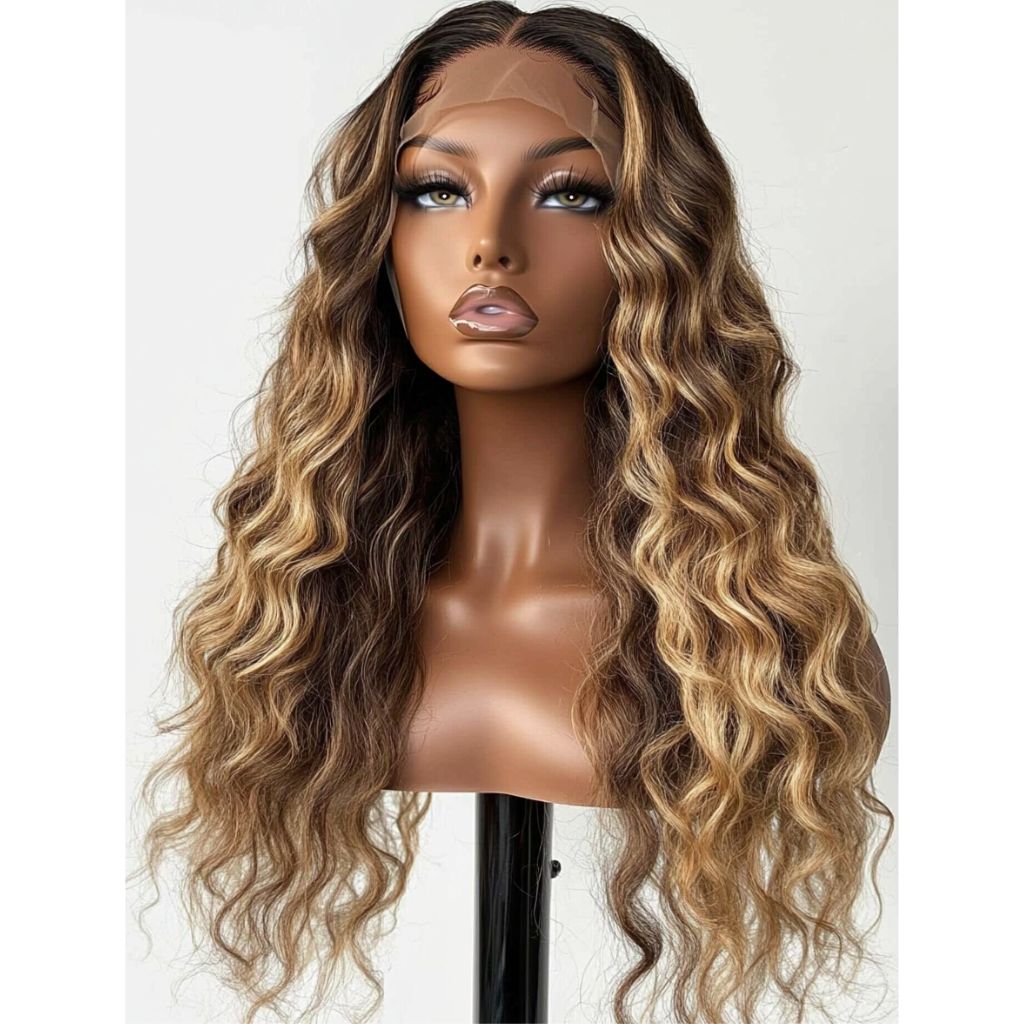 Blonde Indian lace wig with deep loose waves, 24 inches, HD lace, pre-plucked hairline, 180% density from Celebrity Hair & Beauty extensions