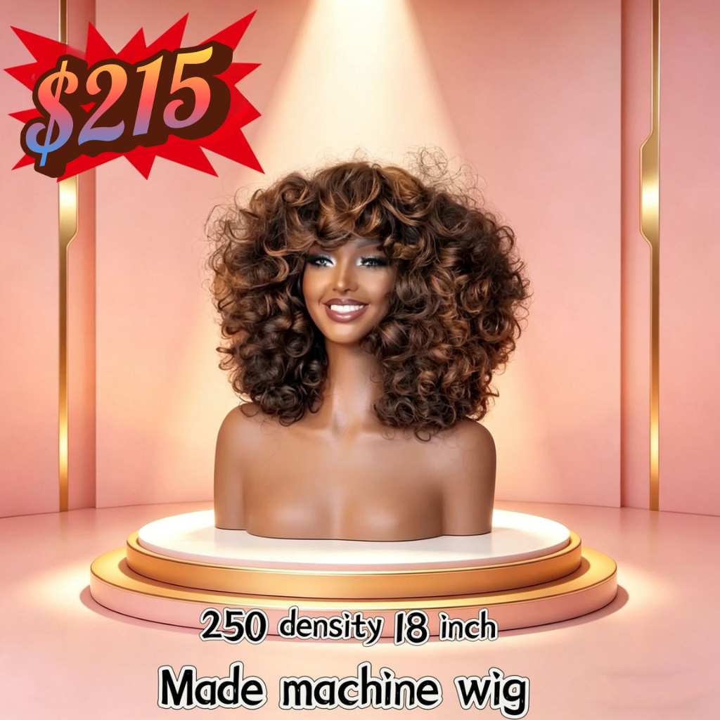 Bouncy Curls 250 Density 18-inch wig displayed on a pink pedestal with full, voluminous curls.