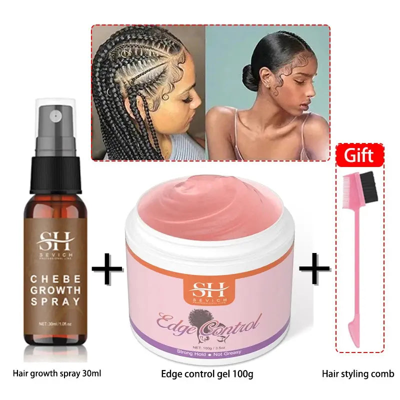 Chebe New Set African Traction Alopecia Treatment Crazy Hair Growth Oil Spray Edge Control Hair Styling Braiding Gel Wax Sevich D Suit