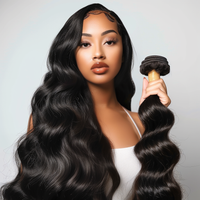 Model with long Cambodian raw natural wavy hair extensions bundle, 100% virgin, glossy black waves.