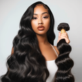 Model with long Cambodian raw natural wavy hair extensions bundle, 100% virgin, glossy black waves.