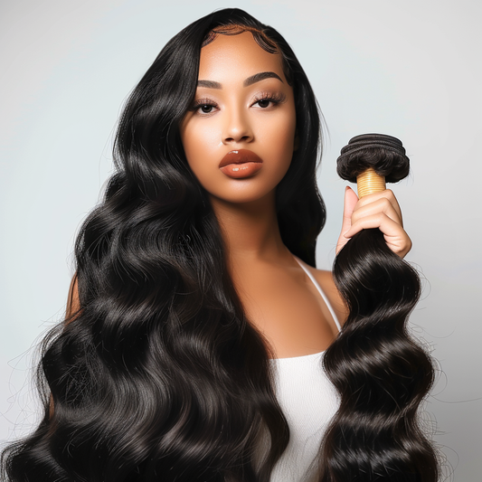 Model with long Cambodian raw natural wavy hair extensions bundle, 100% virgin, glossy black waves.