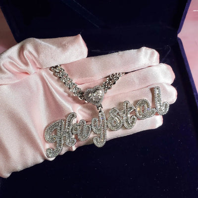 Icy Heart Bail Custom Brush Cursive Letter Name Necklace Pendant Hot Trendy Accessories Personalized Gift for Her Women's Jewel SILVER