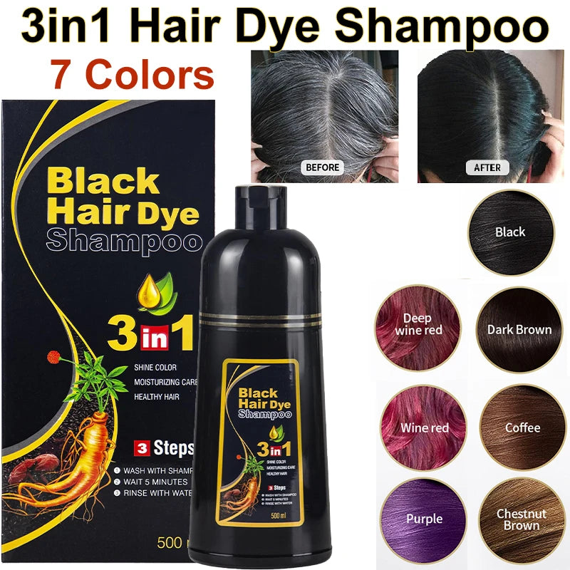 500ml 3 In 1 Instant Coloring Shampoo Natural Black Dye