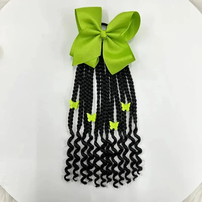 Kids Braided Ponytail with Beads and Bow Kids Hair Extension Ponytail with Curly End for Girls Black Girl Hair Accessories