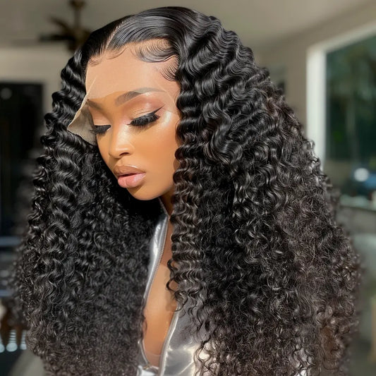 200% density glueless 13x6 wave lace wig, 100% human hair, deep curly waves with natural lace front.