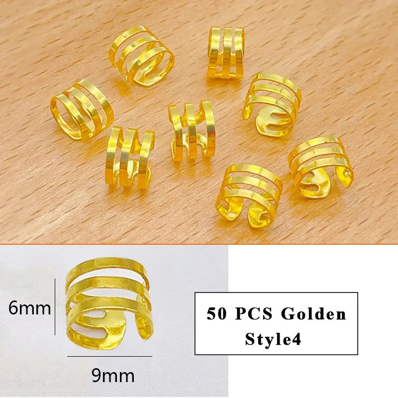 8*9mm Golden/Silver Hair Cuffs Loc Rings for Braids, Hair Clips Multi Style Metal Dreadlock Hair Beads Accessories Decoration 50PCS G Style 4