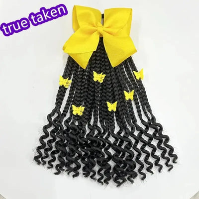 Kids Braided Ponytail with Beads and Bow Kids Hair Extension Ponytail with Curly End for Girls Black Girl Hair Accessories