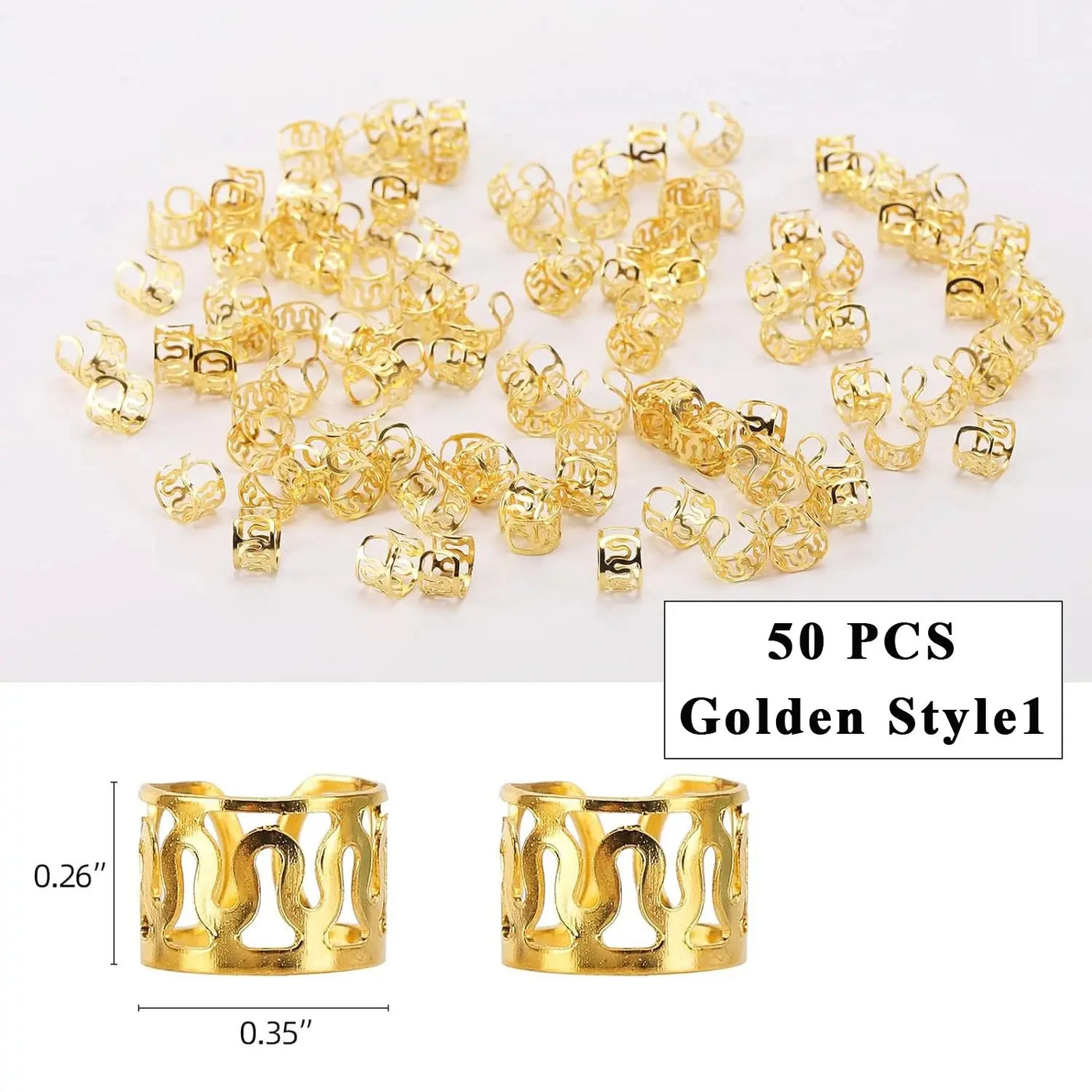 8*9mm Golden/Silver Hair Cuffs Loc Rings for Braids, Hair Clips Multi Style Metal Dreadlock Hair Beads Accessories Decoration 50PCS G Style1