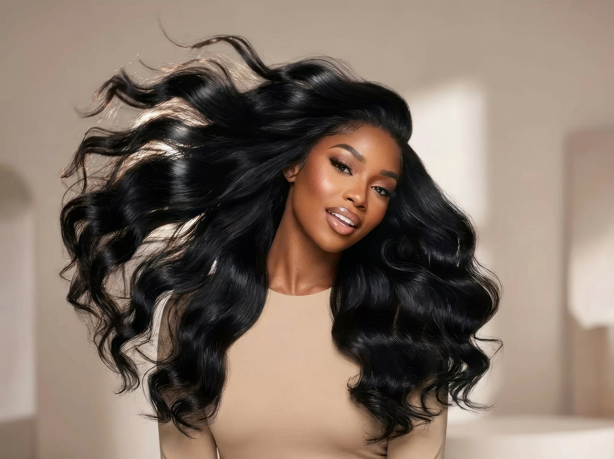 Body wave human hair wig from Celebrity Hair & Beauty with 220% density, showcasing natural waves and full volume.