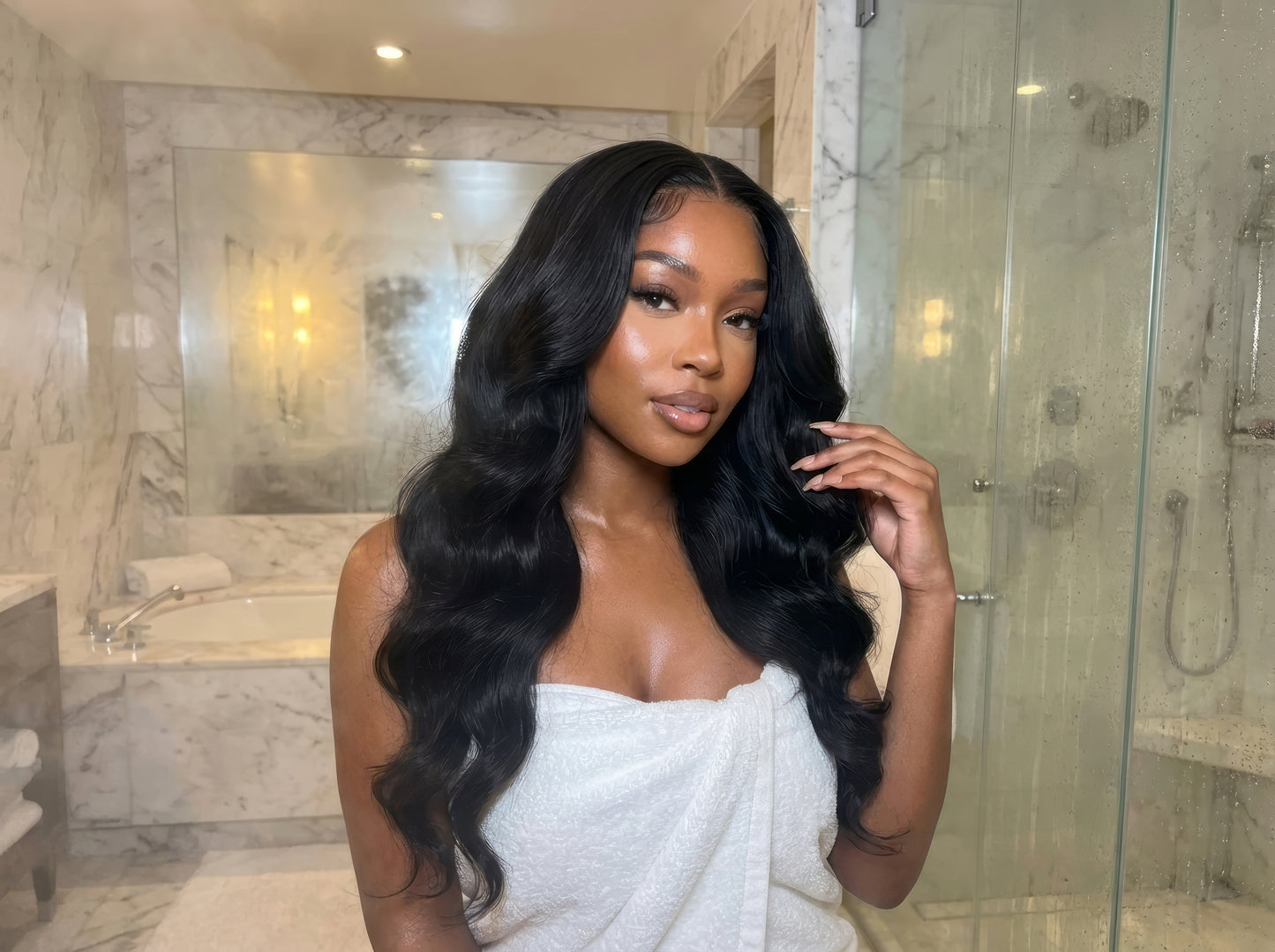 Body wave one donor human hair wig with 220% density from Celebrity Hair & Beauty, showcasing natural waves and full volume.