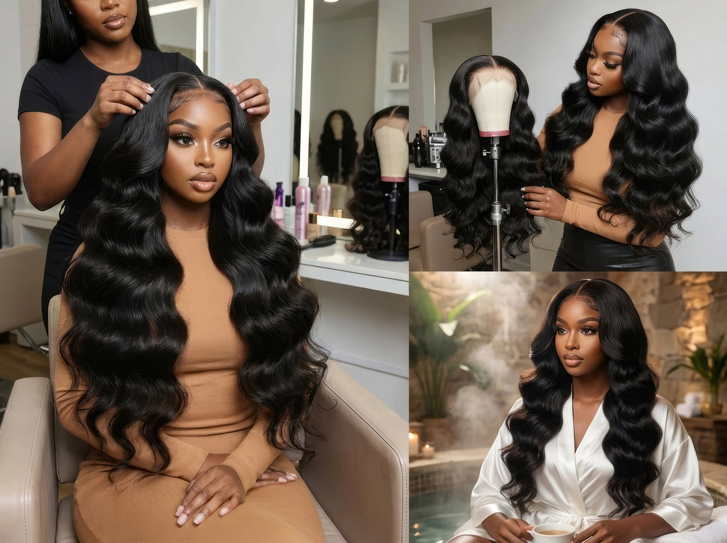 Body wave human hair wig by Celebrity Hair & Beauty, one donor, 220% density with natural waves and full volume.