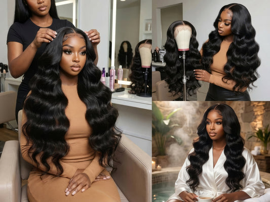 Body wave human hair wig by Celebrity Hair & Beauty, one donor, 220% density with natural waves and full volume.