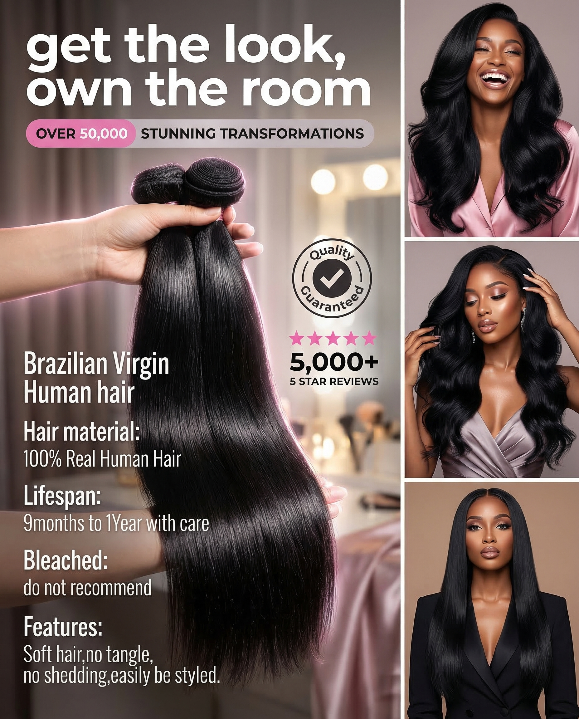 Straight Brazilian 100% virgin hair bundles, 10-30 inches, glossy black, showcased on models with sleek, voluminous hair