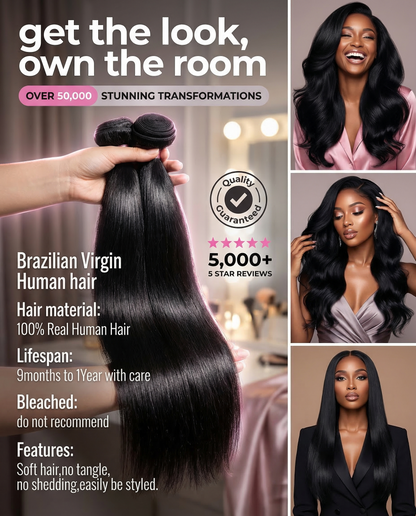 Straight Brazilian 100% virgin hair bundles, 10-30 inches, glossy black, showcased on models with sleek, voluminous hair