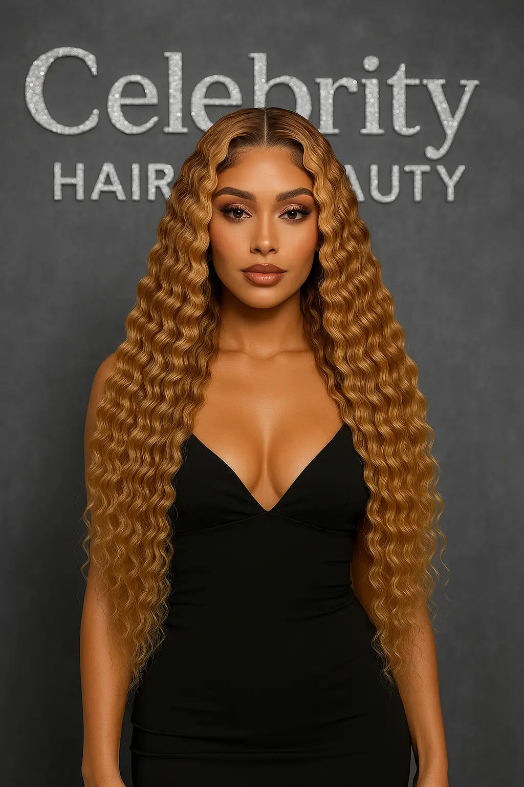Highlight Deep Wave Lace Front Wig P4/27 offers stunning honey blonde and brown waves for a natural look at Celebrity Hair.
