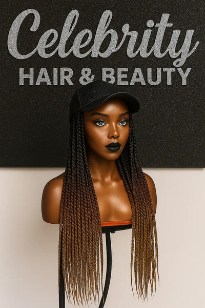 Synthetic Braided Hair Human Hair Hat showcased on a mannequin, perfect for trendy hairstyles from Celebrity Hair & Beauty.