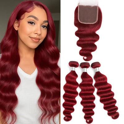 99j Deep Wave Human Hair Bundle with Closure, Luxurious Burgundy Waves for Natural Look.