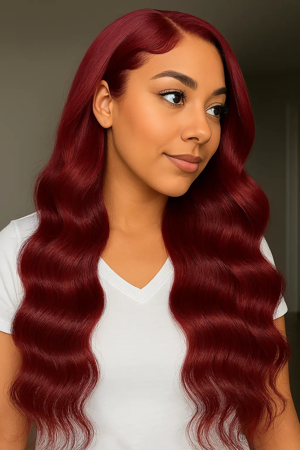 Burgundy deep wave human hair styled on a model, showcasing luxurious waves and a natural look.