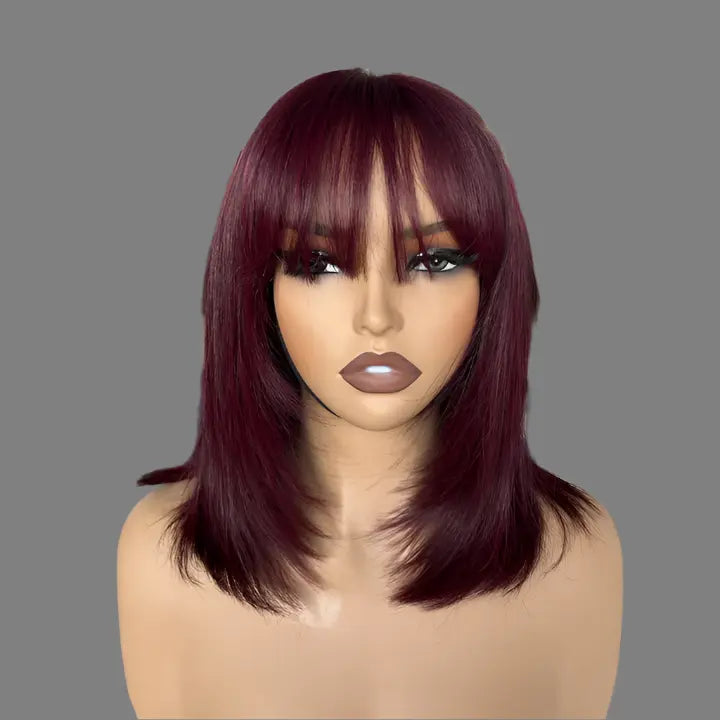 Burgundy Colored Lace Front Layered Cut Bangs Bob Wig Easy to Wear 5x5 Glueless Human Hair Wigs Layer Cut Wig With Bangs.