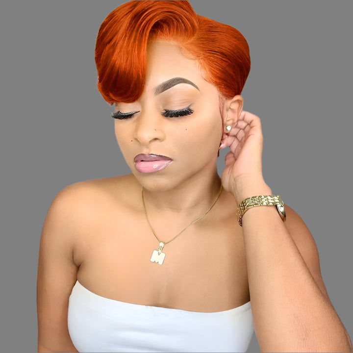 Ginger Orange Straight Short Pixie Cut T Part Frontal Wig Pixie Lace Front Human Hair 6 Inches 350