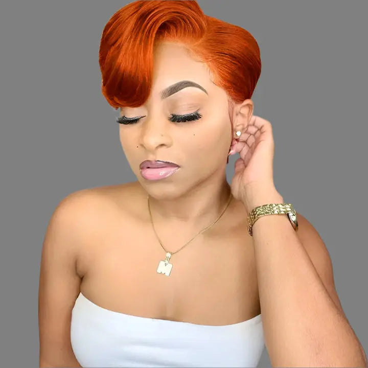 Ginger Orange Straight Short Pixie Cut T Part Frontal Wig Pixie Lace Front Human Hair 6 Inches 350