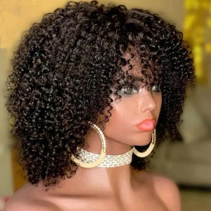 Kinky Curly Wig-Glueless Wig Short Fringe Bob With Bangs 180 Density.