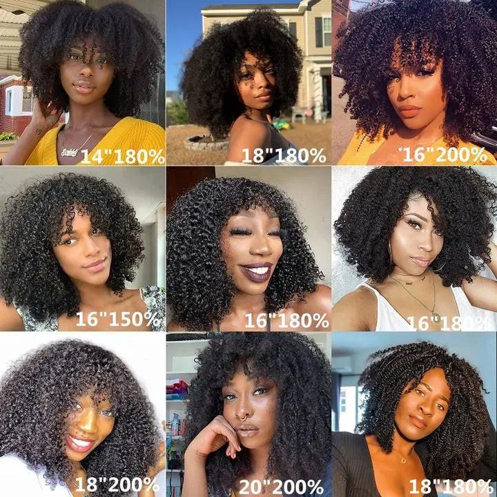 Kinky Curly Wig-Glueless Wig Short Fringe Bob With Bangs 180 Density.