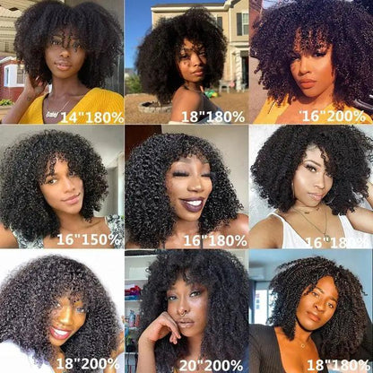 Kinky Curly Wig-Glueless Wig Short Fringe Bob With Bangs 180 Density.