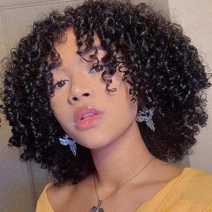 Kinky Curly Wig-Glueless Wig Short Fringe Bob With Bangs 180 Density.