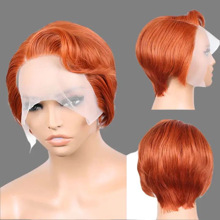 Ginger Orange Straight Short Pixie Cut T Part Frontal Wig Pixie Lace Front Human Hair