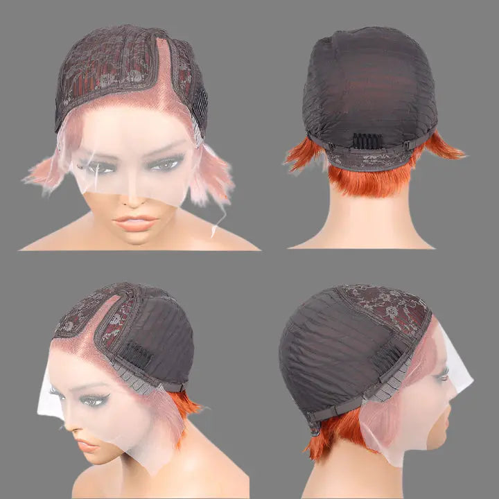 Ginger Orange Straight Short Pixie Cut T Part Frontal Wig Pixie Lace Front Human Hair