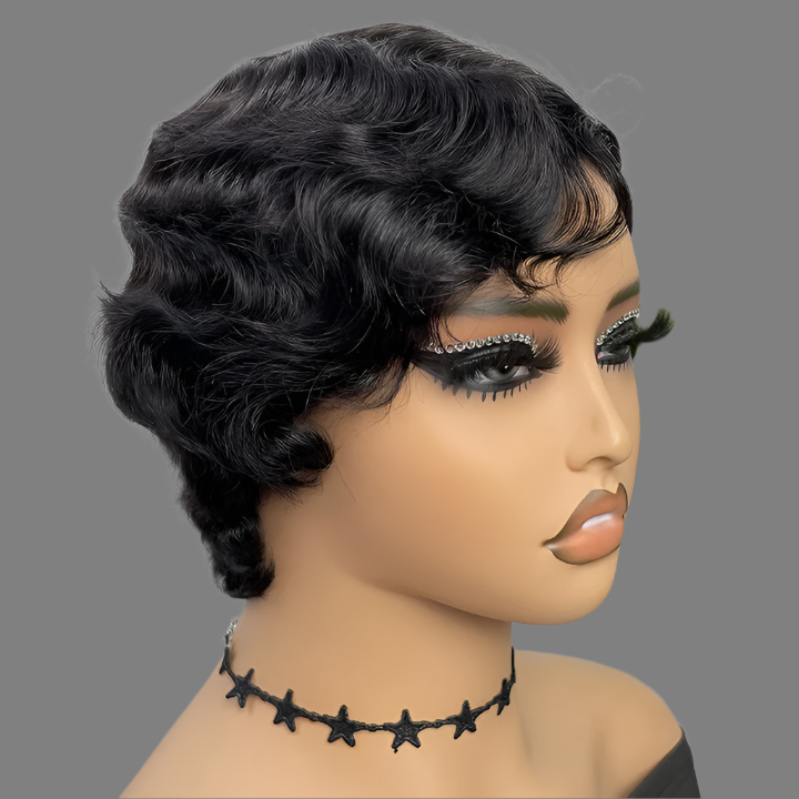 Short Pixie Cut Human Hair Wigs for Women Finger Wave Wig Natural Color Sans Colle Human Hair Wig Machine Made 1b 8 Inches