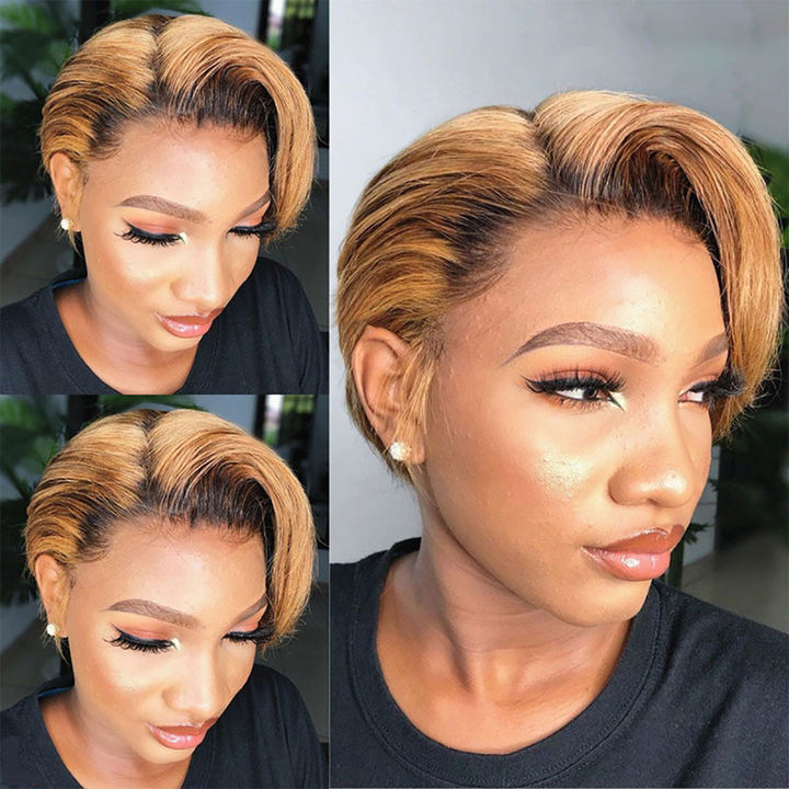 Ginger Orange Straight Short Pixie Cut T Part Frontal Wig Pixie Lace Front Human Hair 6 Inches 1B 30