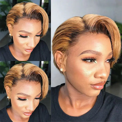 Ginger Orange Straight Short Pixie Cut T Part Frontal Wig Pixie Lace Front Human Hair 6 Inches 1B 30
